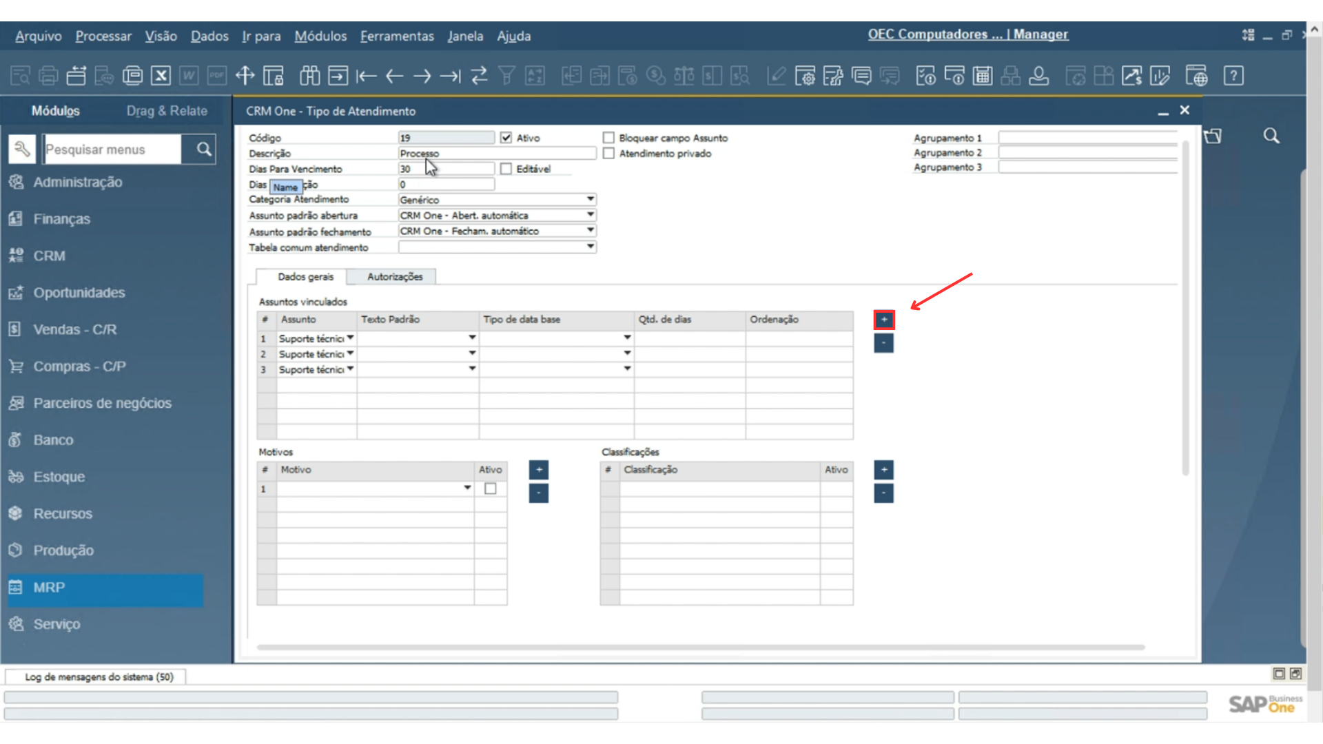 Cadastro de classificações DWU IT Solutions CRM One